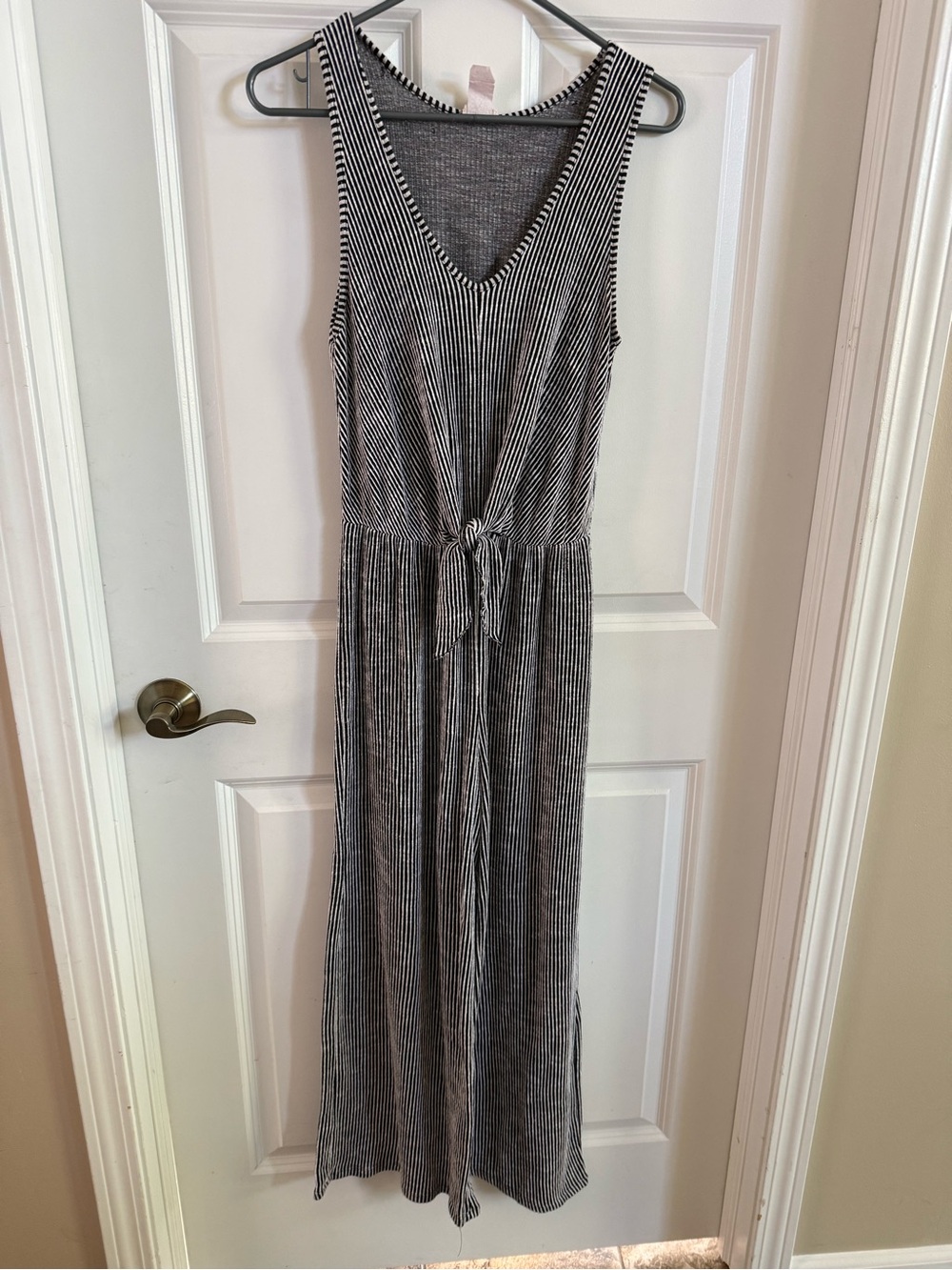Sleeveless Black & White Striped Maxi Jumpsuit with Waist Tie